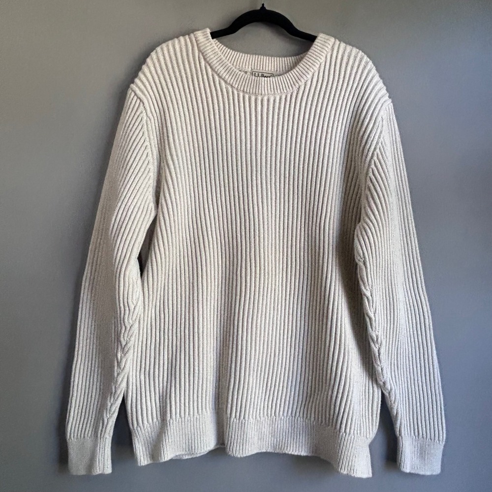 LL Bean Mens XXL Cream Cotton Shaker Stitch Ribbed Crewneck Sweater JSA4